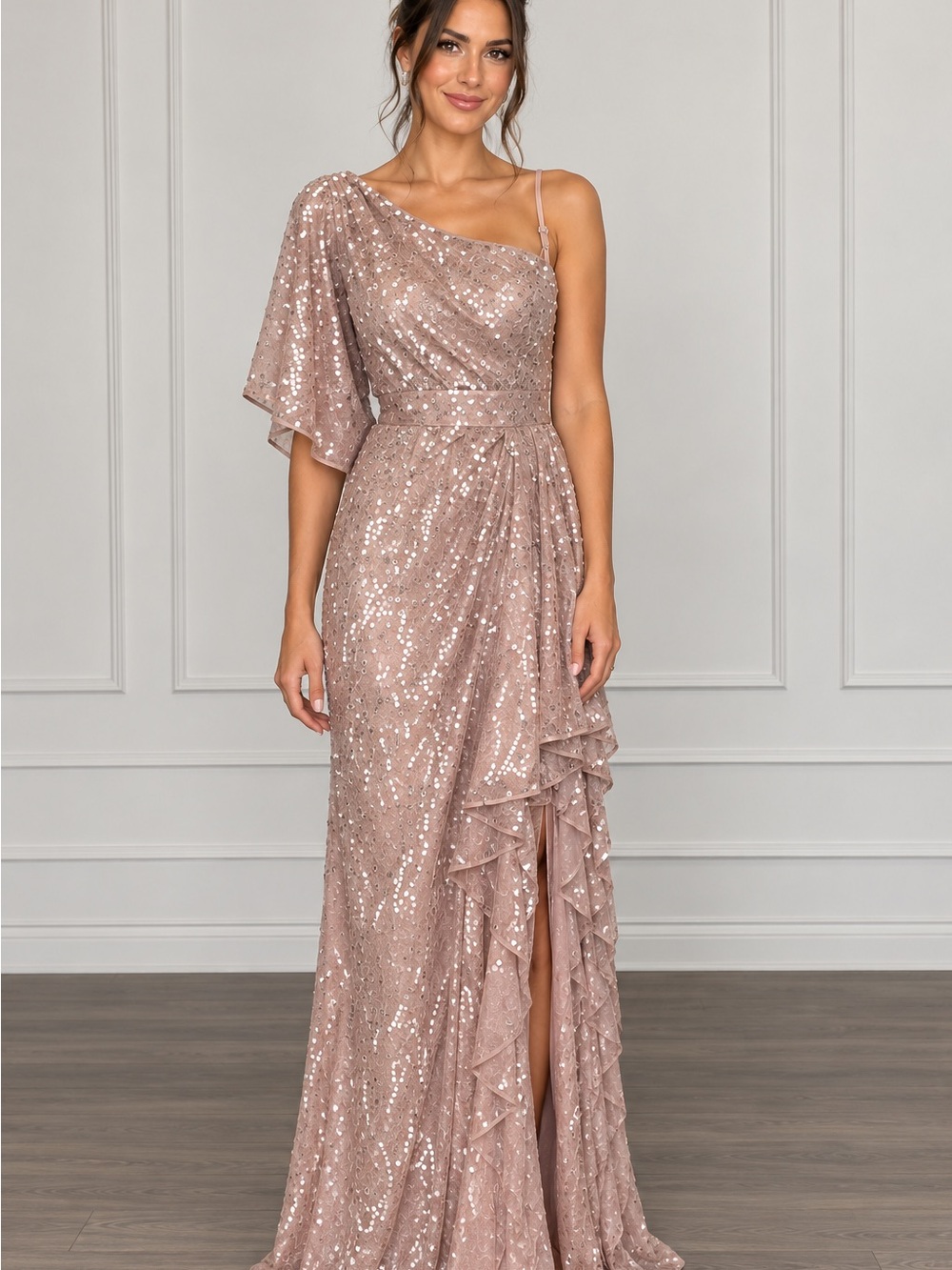 Mac Duggal one-Shoulder Rose Gold Sequin Evening Gown